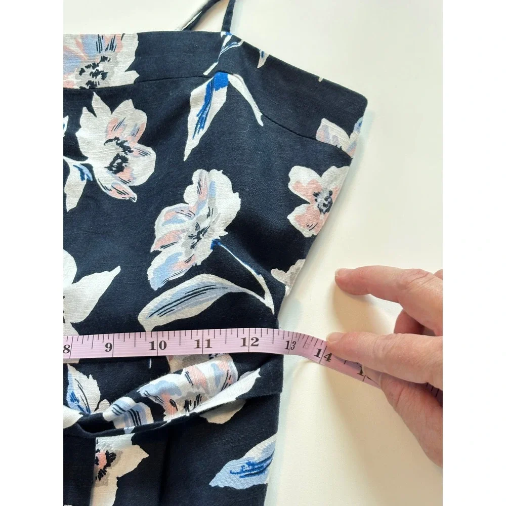 Banana Republic Floral Linen Jumpsuit Navy Blue Size 2 Petite Wide Leg Tie-Waist
